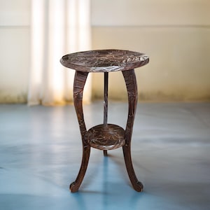 Mid-Century Hand Carved Side Table - Art Nouveau Revival - Floral Design with Cabriole Legs