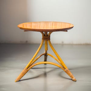 Mid-Century Rattan Side Table with Round Wooden Top / Vintage 1950s Bamboo Coffee or Plant Stand