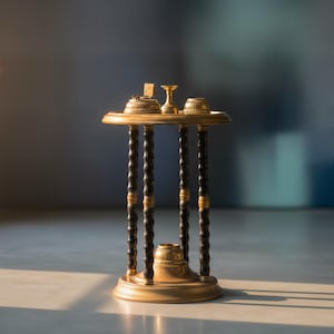 May include: A vintage brass and wood side table with a round top and four black and gold-accented legs. The table holds small brass decorative items, including a small box, a candle holder, and a cup. The table is a decorative accent piece.