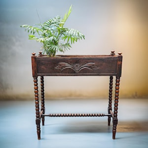 Victorian Carved Oak Plant Stand – Bobbin Turned Legs – Antique English Planter