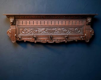 Antike Renaissance Revival geschnitzte Wandgarderobe aus Eichenholz