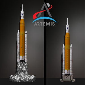 Artemis 1 the space launch system (sls): nasa’s moon rocket take off (lamp) and pedestal File stl-obj for 3D Printer
