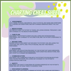 May include: A colorful medical charting cheat sheet with a light purple background and a list of assessment, medication, care plan, wound care, education, communication, safety, and discharge planning topics. The title "CHARTING CHEAT SHEET" is at the top.