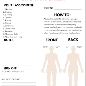 May include: A printable skin check shower sheet with a checklist of visual assessment items, including skin tear, bruising, swelling, dryness, rashes, blisters, scratches, open areas, redness, abnormal color, and abnormal skin temperature. The sheet includes sections for patient information, date and completed by, any interventions, and reviewed by. The sheet also includes a front and back view of a human body outline for recording observations.