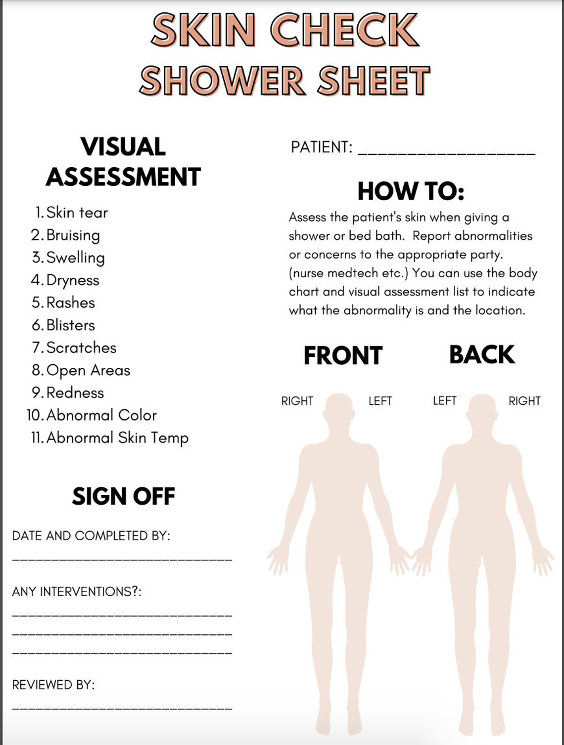 Skin and Shower Assessment Sheet Great for New Grads SNF/ AL and Skin and Shower Assessment Sheet Great for New Grads SNF/ AL and
