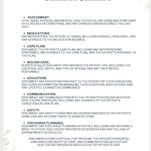 May include: A white sheet with black text outlining a checklist for charting patient care. The checklist includes sections for assessment, medications, care plan, wound care, education, communication, safety, discharge planning, and documentation.