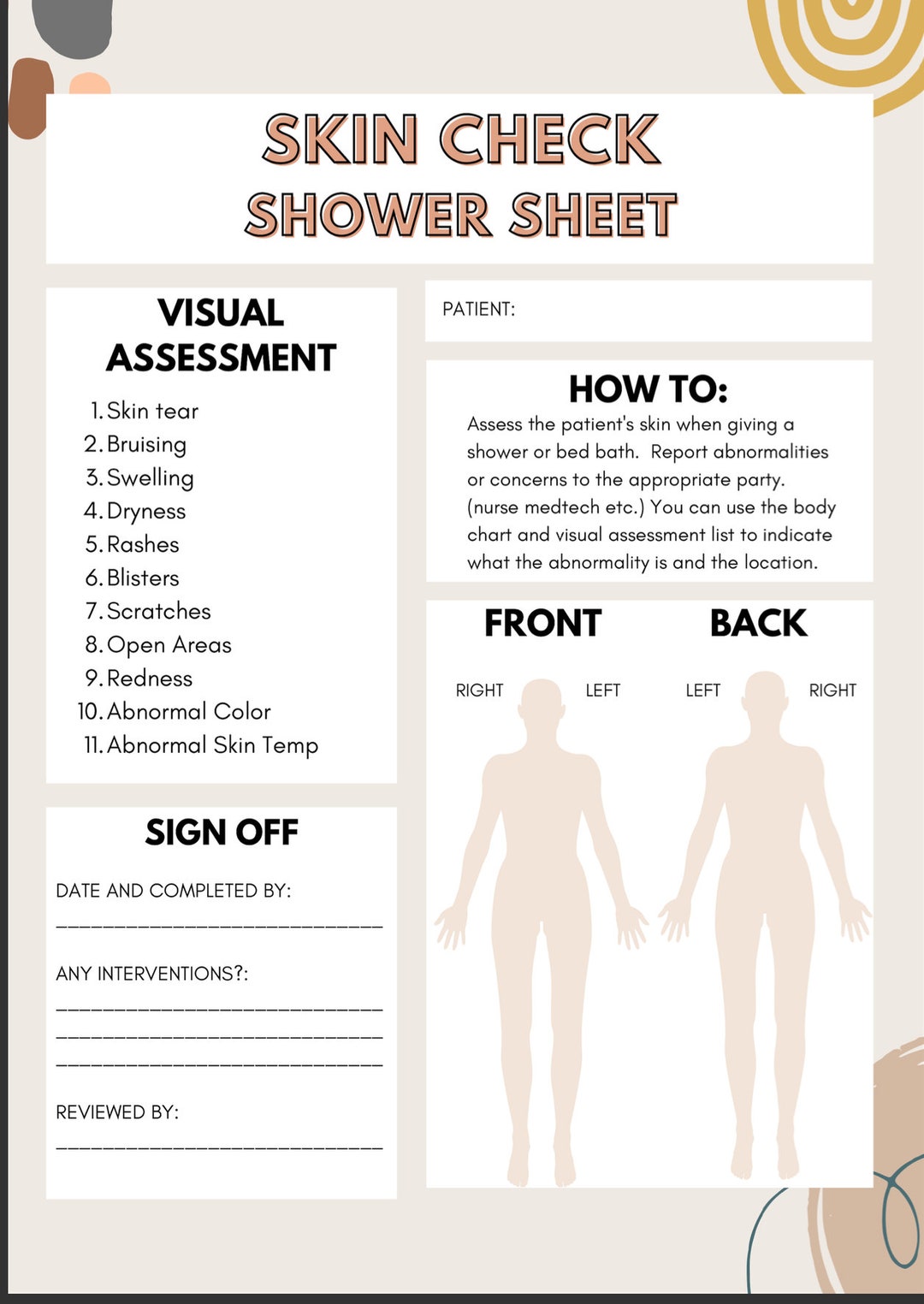 Skin Assessment Sheet SNF/ AL/ Hospital Great for New Grads and Care Skin Assessment Sheet SNF/ AL/ Hospital Great for New Grads and Care
