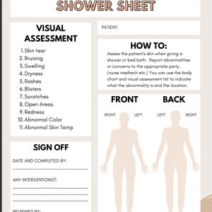 May include: A printable skin check shower sheet with a checklist of items to look for, including skin tear, bruising, swelling, dryness, rashes, blisters, scratches, open areas, redness, abnormal color, and abnormal skin temperature. The sheet also includes a front and back body outline for marking the location of any abnormalities.