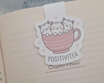 Positivi-Tea Cat Magnetic Bookmark – Waterproof Page Marker for Tea Lovers & Book Enthusiasts