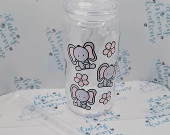 Elephant Iced Coffee Cup: 16oz Reusable Plastic Can with Lid & Straw