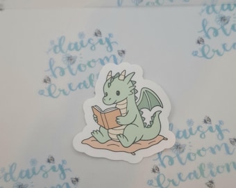 Dragon Reading Book Sticker: Waterproof Matte Vinyl Decal