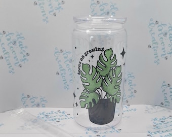 Monstera Plant Cup: 16oz Reusable Plastic Can with Lid & Straw