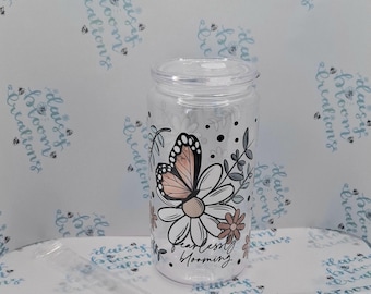 Floral Iced Coffee Cup: "Fearlessly Blooming" 16oz Plastic Can with Lid & Straw