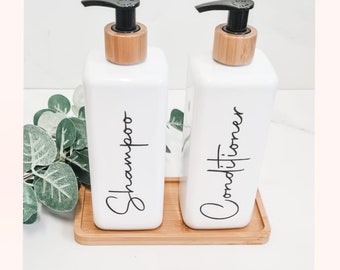 White and Bamboo Bathroom Bottles 500ml Refillable Shampoo Soap Dispenser