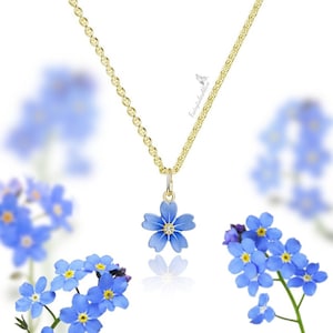 Forget-Me-Not Necklace Gold Plated Or Stainless Steel Chain Handpainted Inspired By Forget Me Not Flower Gift Idea Girlfriend Birthday