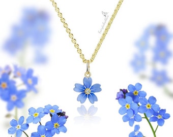 Vergissmeinnicht Halskette Gold plattiert oder Edelstahl Kette handbemalt inspiriert von Vintage Emaille Blumenschmuck Geschenkidee