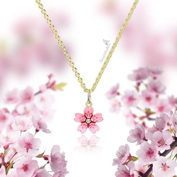 Kirschblüte Halskette Gold plattiert oder Edelstahl , handbemalte Sakura Blüte , Inspiriert vom floralem Vintage Emaille Schmuck