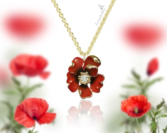 Poppy Necklace Gold Plated Pendant And Chain Handpainted Inspired By Vintage Enamel Flower Jewelry Summer Vibes And Cottagecore Necklace