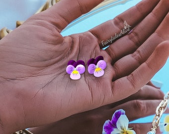 Pansy Earrings , Handpainted Inspired By Vintage Enamel Flower Jewelry , Gold Plated Or Stainless Steel Earring Studs , Purple Enamel Pansy