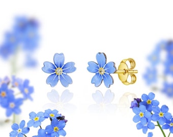 Forget-Me-Not Earrings Gold Plated Or Stainless Steel Studs Handpainted Inspired By Forget Me Not Flower Gift Idea Love Girlfriend Birthday