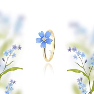 Forget-Me-Not Ring Handpainted Forget Me Not Flower Gold Plated Or Rhodium Plated Adjustable Ring Band Girlfriend Promise Ring Gift Idea