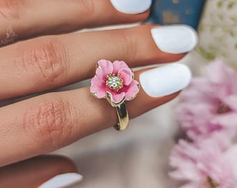 Kirschblüte Ring handbemalt mit Emaille vergoldete Sakura Blüte Größenverstallbar