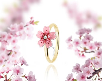 Cherry Blossom Ring , Gold Plated Or Rhodium Plated Ringband , Handpainted Sakura Flower Inspired By Vintage Enamel Porcelain Flower Jewelry