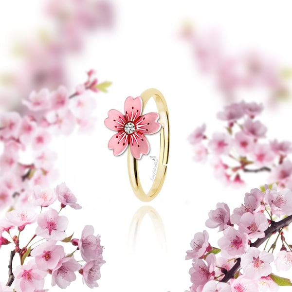 Cherry Blossom Ring , Gold Plated Or Rhodium Plated Ringband , Handpainted Sakura Flower Inspired By Vintage Enamel Porcelain Flower Jewelry