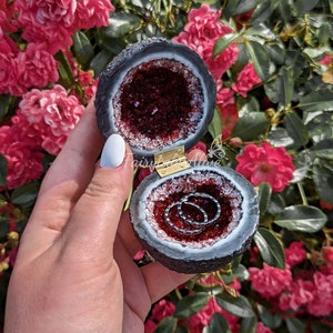 Red Glass Crystal Engagement Ring Box, Handmade Glass Crystal Druzy Box, Proposal And Wedding Bands Box Gift, Artifical Agate Aura Geode