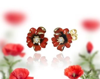 Poppy Earrings Gold Plated Poppy And Earring Studs Handpainted Inspired By Vintage Enamel Flower Jewelry Summer Vibes And Cottagecore