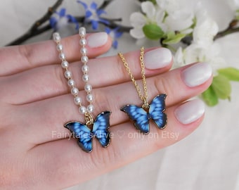 Blue Butterfly Gold Plated Or White Pearls Chain , Adjustable And With Handmade Bright Blue Butterfly Pendant Necklace
