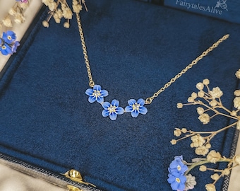 Forget-me-not three blossoms necklace hand-painted enamel flowers 18k gold plated