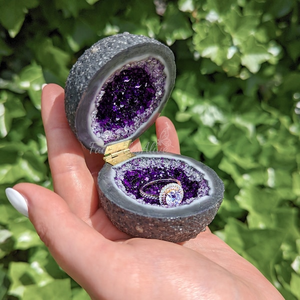 Paars glas Crystal Engagement Ring Box, handgemaakte glazen Crystal Druzy Box, voorstel en trouwringen Box Gift, kunstmatige Amethyst Geode