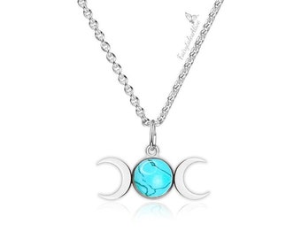 Triple Moon Goddess Turquoise Necklace Moon Phases Quartz Crystal Pendant Stainless Steel With Real Turquoise Tarnish Resistant Waterproof