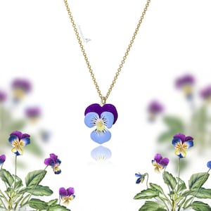 Handpainted Pansy Necklace: Gold Plated Viola Flower Pendant