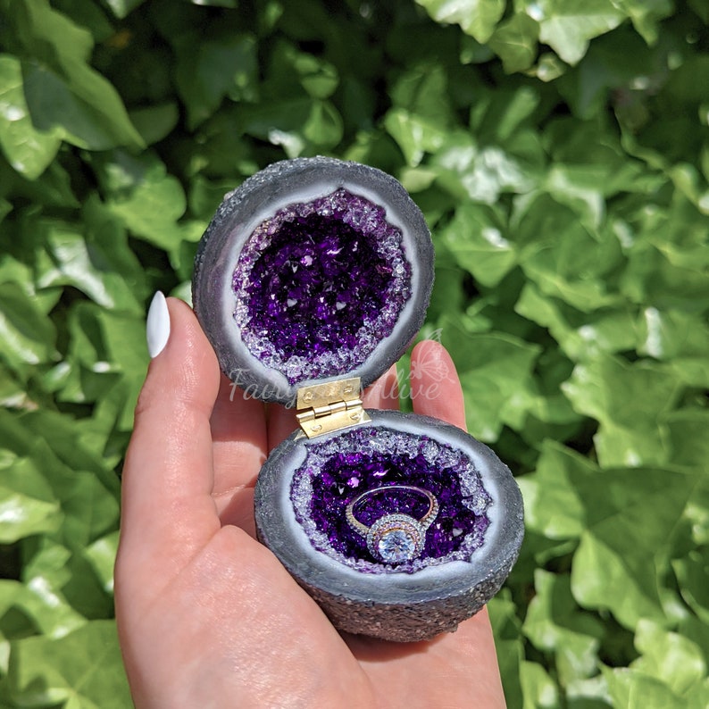 Purple Glass Crystal Engagement Ring Box , Handmade Glass Crystal Druzy Box , Proposal And Wedding Bands Box Gift , Artifical Amethyst Geode image 7