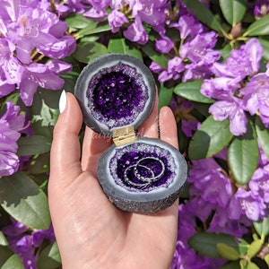 Purple Glass Crystal Engagement Ring Box , Handmade Glass Crystal Druzy Box , Proposal And Wedding Bands Box Gift , Artifical Amethyst Geode image 2