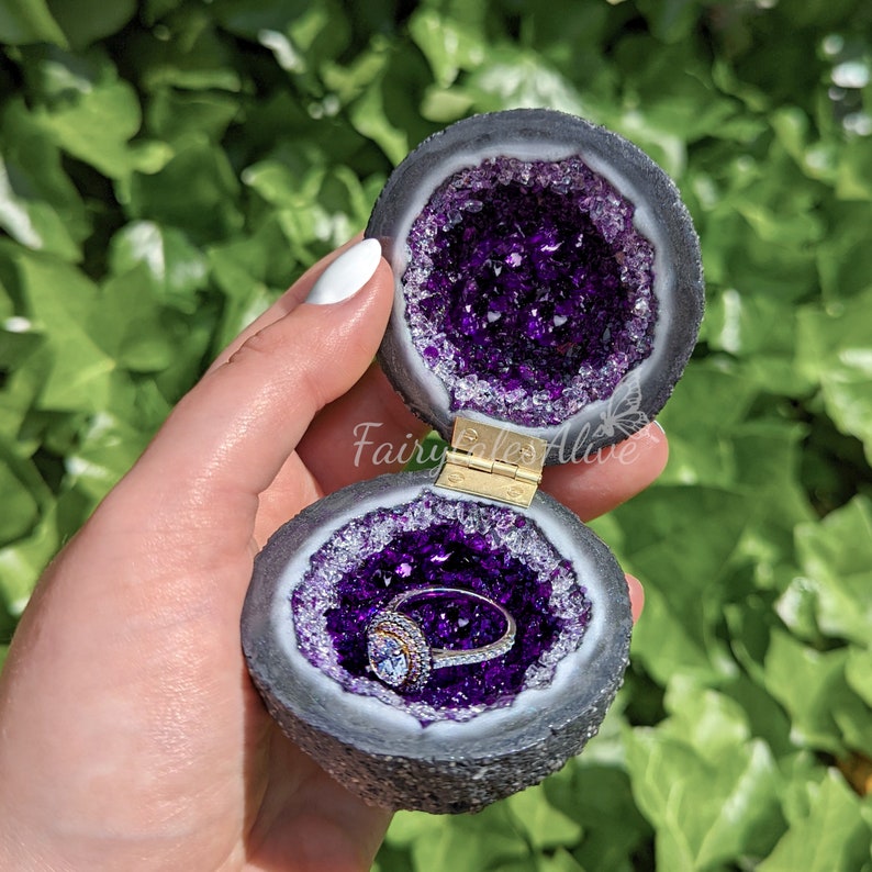 Purple Glass Crystal Engagement Ring Box , Handmade Glass Crystal Druzy Box , Proposal And Wedding Bands Box Gift , Artifical Amethyst Geode image 6
