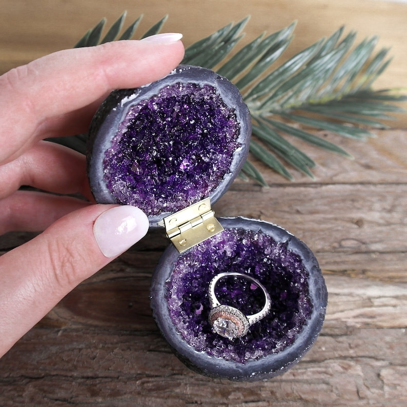 Purple Glass Crystal Engagement Ring Box , Handmade Glass Crystal Druzy Box , Proposal And Wedding Bands Box Gift , Artifical Amethyst Geode image 9