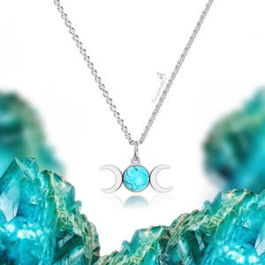 Triple Moon Goddess Turquoise Necklace Moon Phases Quartz Crystal Pendant Stainless Steel With Real Turquoise Tarnish Resistant Waterproof