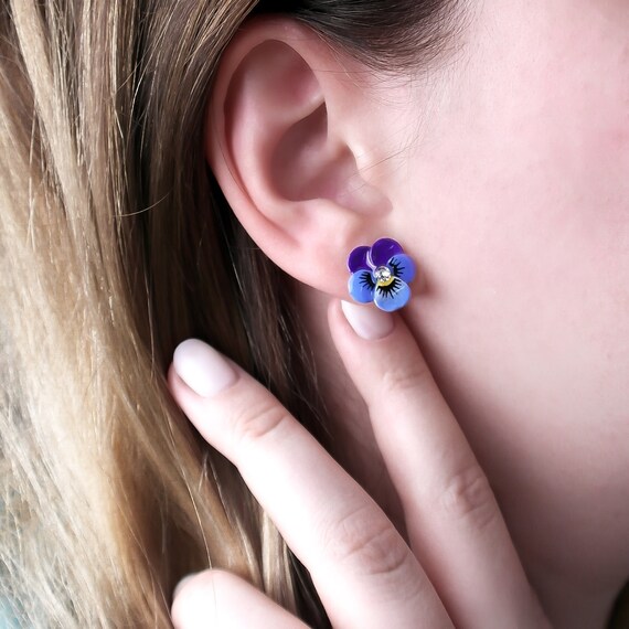 Pansy Earrings Handpainted Inspired by Vintage Enamel Flower Jewelry Gold Plated or Stainless Steel Earring Studs Cute Gift Idea Etsy