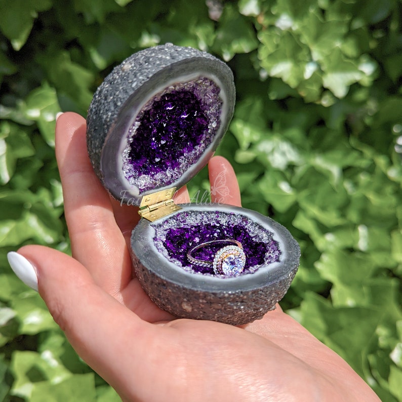 Purple Glass Crystal Engagement Ring Box , Handmade Glass Crystal Druzy Box , Proposal And Wedding Bands Box Gift , Artifical Amethyst Geode image 1