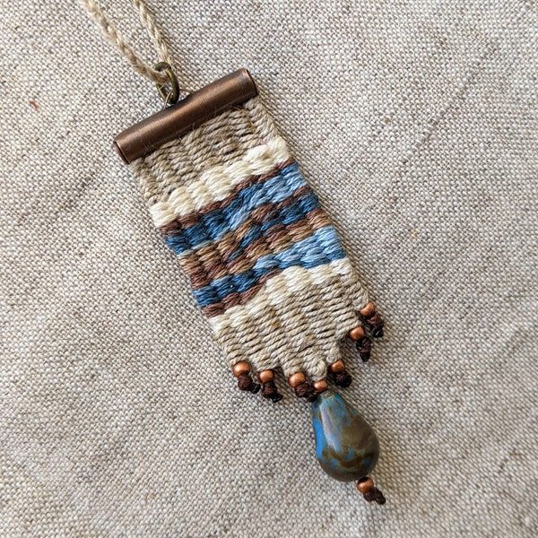 Handwoven Linen and Cotton Tassel Necklace,  Loom Woven Tapestry, Mini Weaving, Textile Jewelry, Fiber Art, Gift for woman, Gifts for her