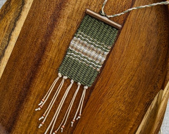 Handwoven Linen and Cotton Tassel Necklace,  Loom Woven Tapestry, Mini Weaving, Textile Jewelry, Fiber Art, Gift for St Patrick's Day