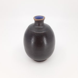 May include: A dark brown ceramic vase with a rounded body and a narrow neck. The interior of the neck is blue, and the rim is a lighter brown. The vase is set against a white background.