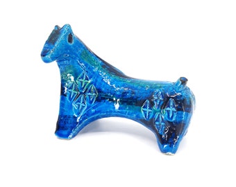 Figura de caballo azul Bitossi italiana Mid-Century Aldo Londi Rimini
