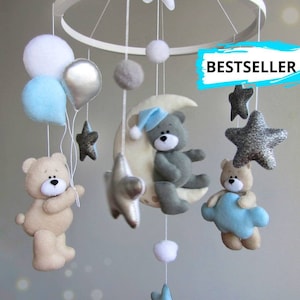 Baby boy crib mobile with bears gray and beige, clouds, stars, bear on the moon, balloons. Felt cot mobile. Handcrafted newborn gift.