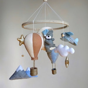 Teddy Bear on the Moon Travel Mobile – Airplane, Hot Air Balloon & Mountain Adventure Nursery Decor
