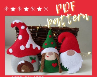 May include: Three felt Christmas gnomes in red, green, and white. One gnome is a mushroom house, another has braids and a heart, and the third has a long white beard. The image includes the text "PDF pattern + step-by-step instructions."