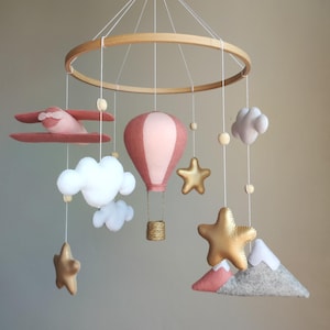 Travel Baby Mobile, Pink Airplane, Hot Air Balloon, Adventure Nursery Decor